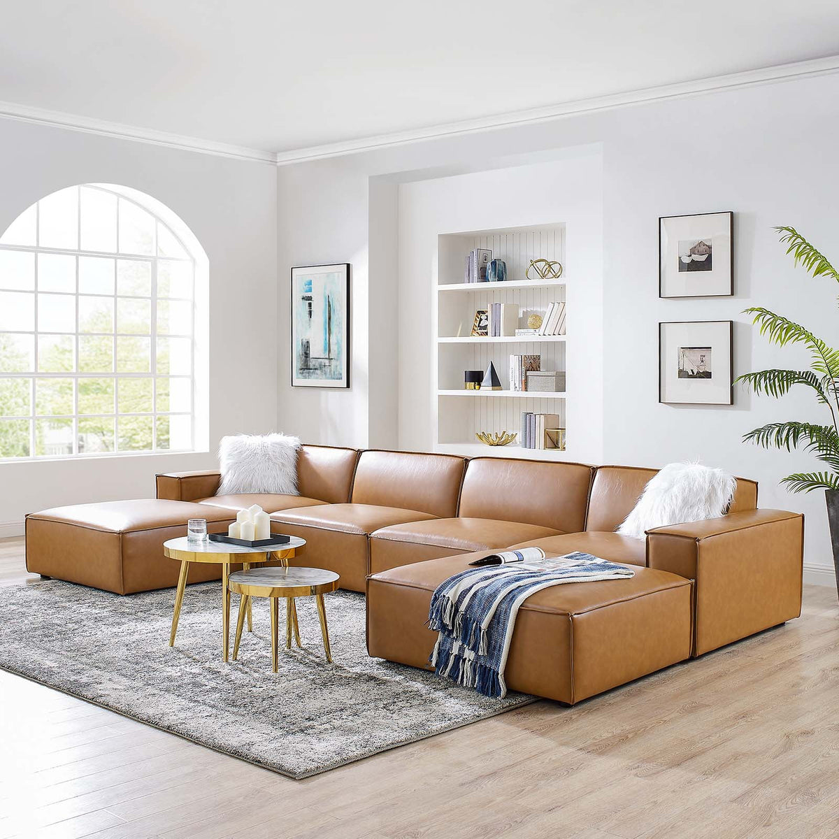 Tan 6-Piece Vegan Leather Sectional Sofa F16038