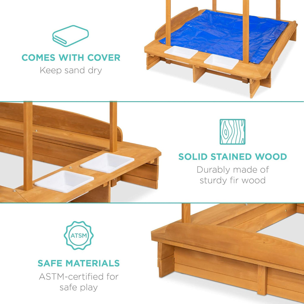 Kids Wooden Sandbox with 2 Bench Seats and Canopy F1425