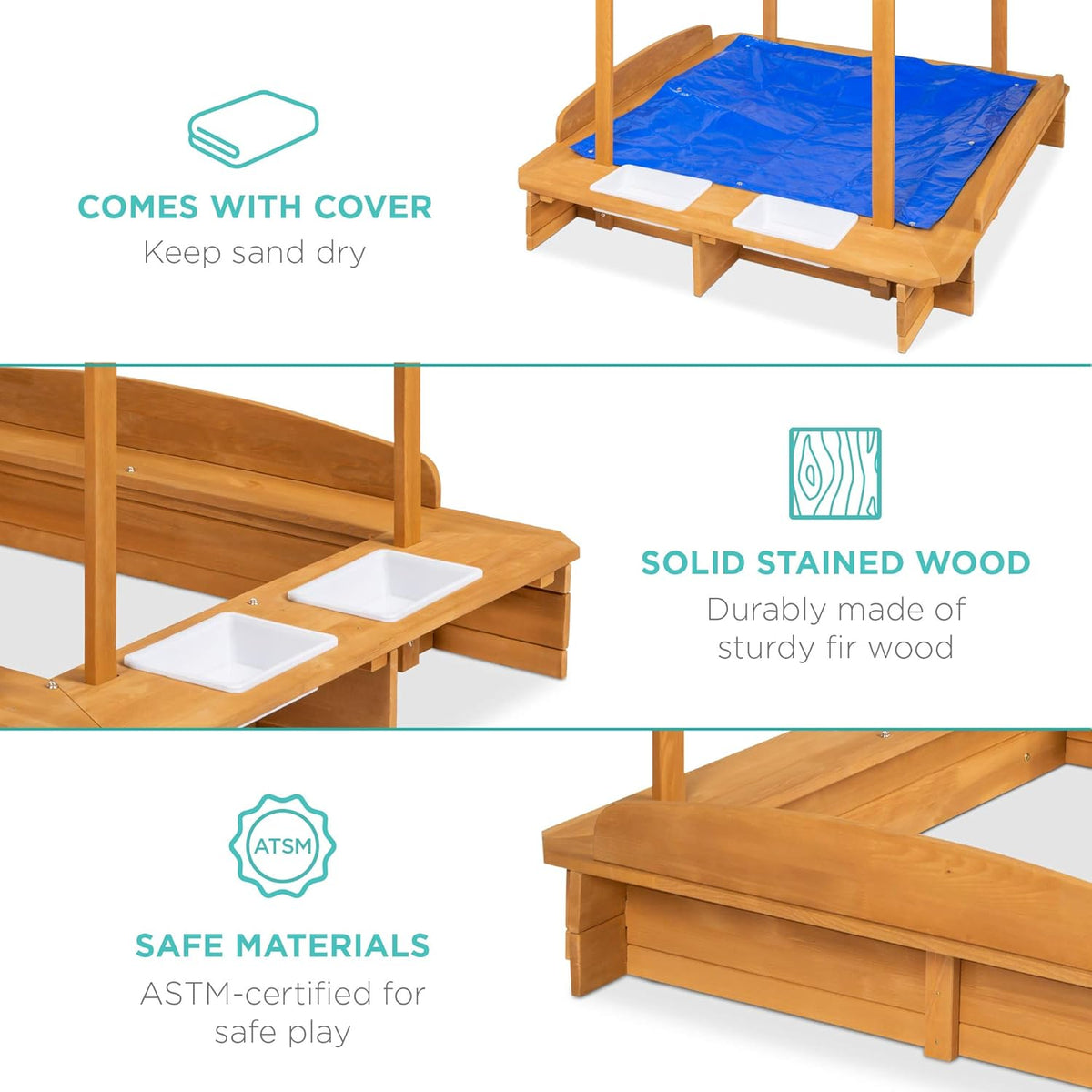 Kids Wooden Sandbox with 2 Bench Seats and Canopy F1425