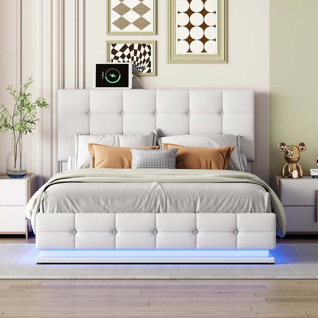White Queen Size Tufted Upholstered Platform Bed with LED Lights and USB Charger T805164