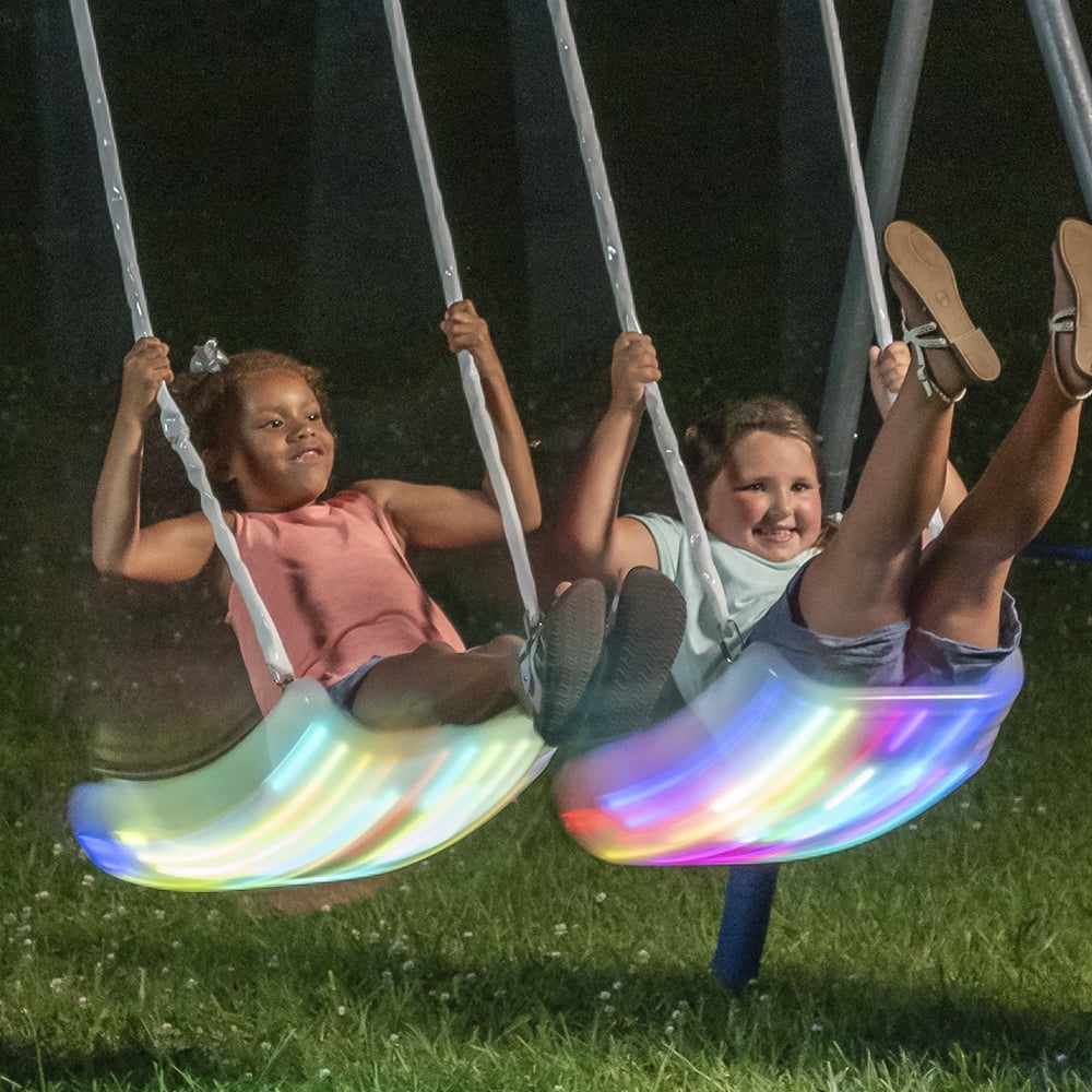 Metal Swing Set with 2 LED Swing Seats, Disc Swing & Wave Slide O923
