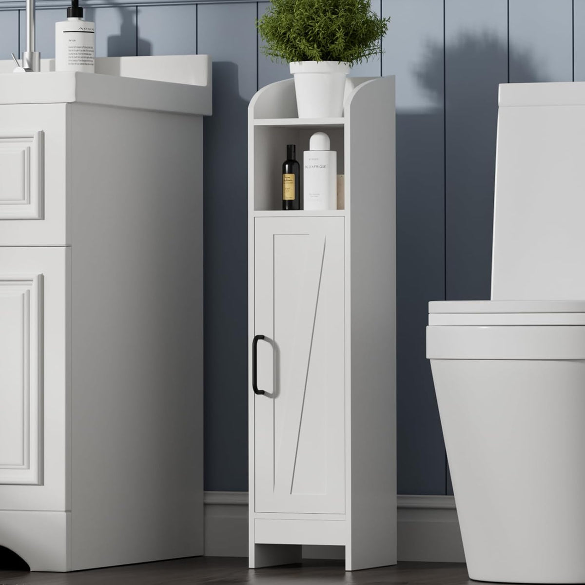 White Slim Floor Corner Storage Cabinet with Door and Adjustable Shelves D101