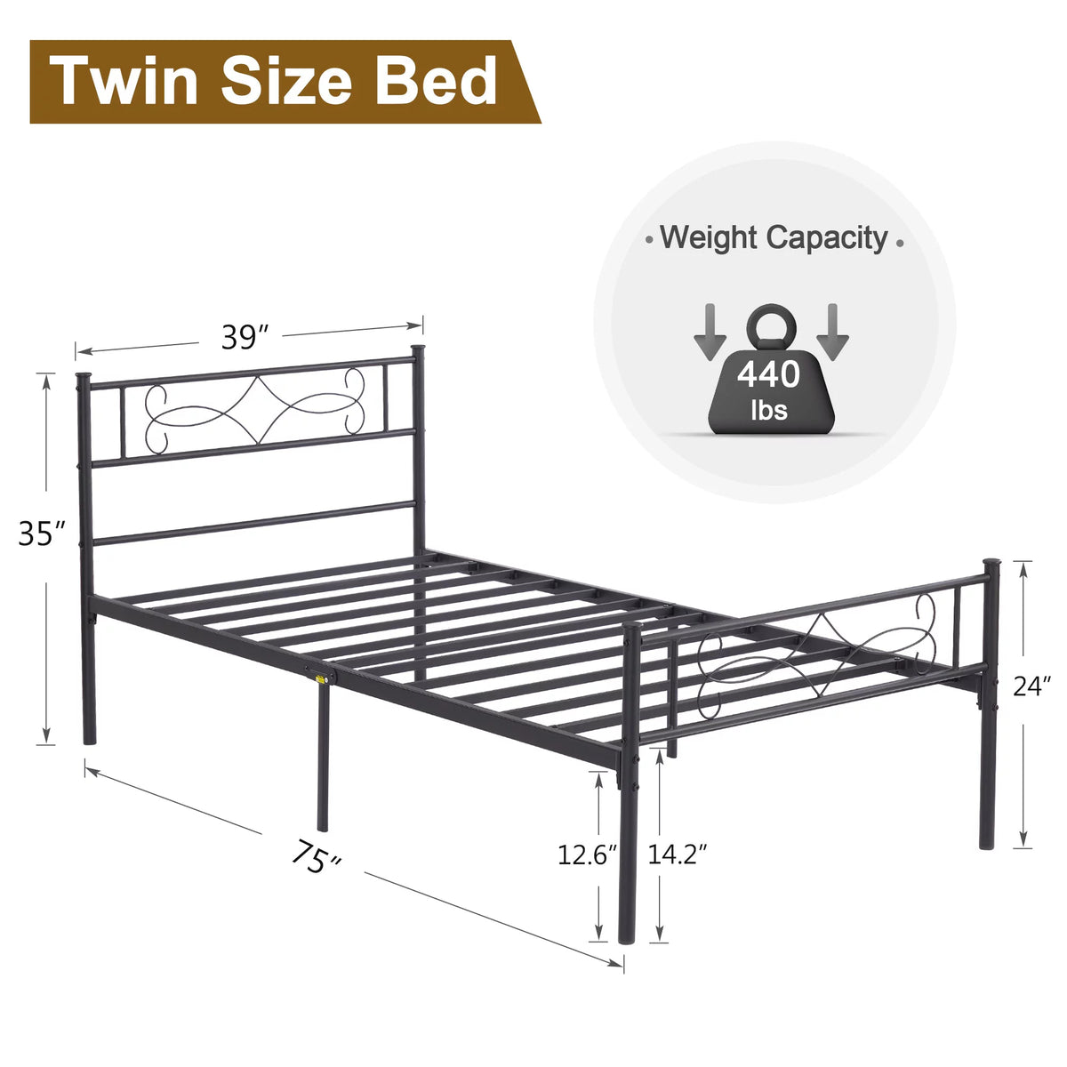 Twin Size Black Metal Platform Bed Frame with Headboard K80081