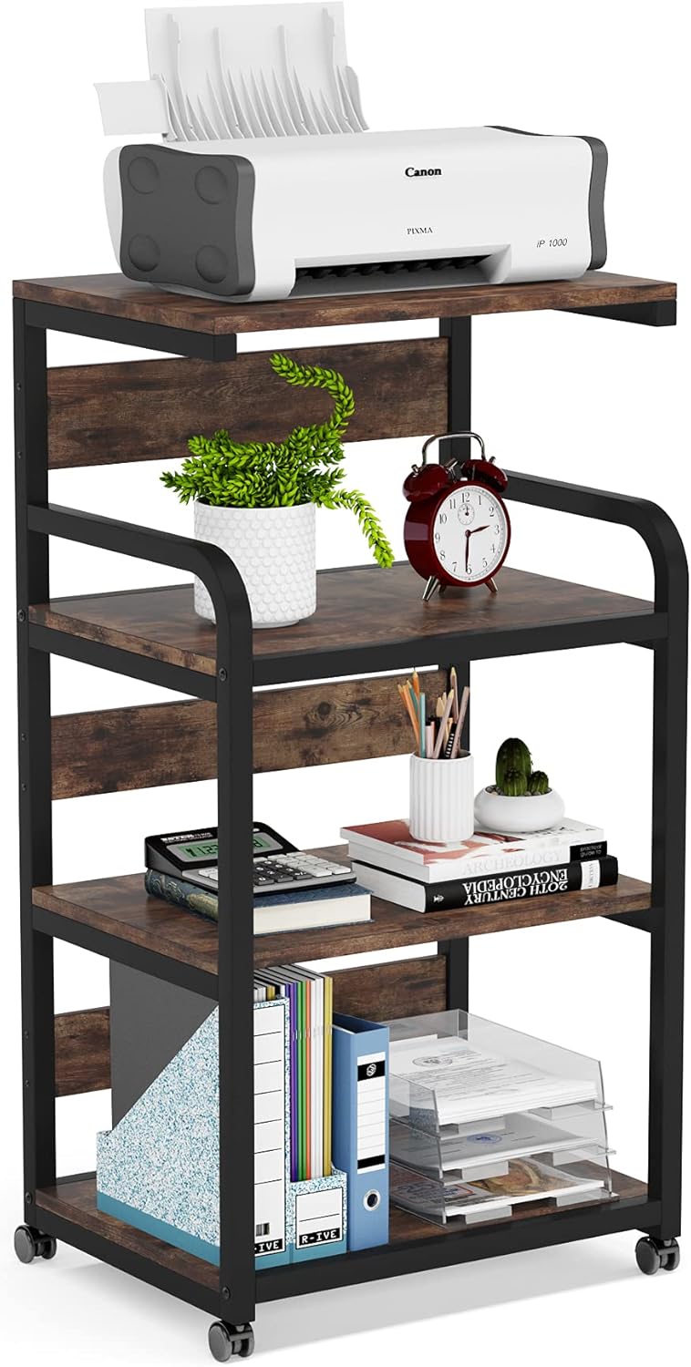 Rustic Brown 4-Shelf Mobile Printer Stand with Storage Shelves on Wheels K805
