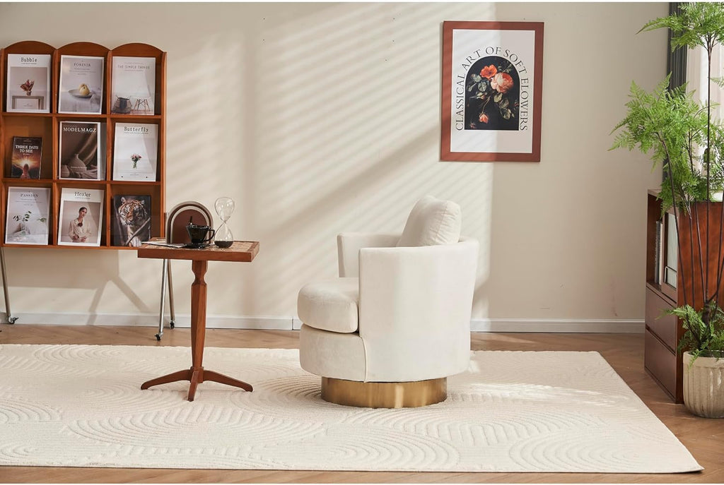 Beige Velvet Swivel Barrel Chair with Gold Stainless Steel Base T7231