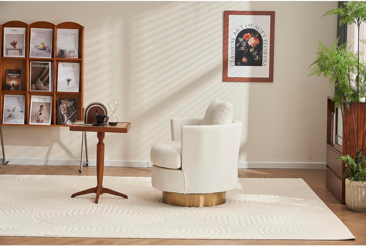 Beige Velvet Swivel Barrel Chair with Gold Stainless Steel Base T7231
