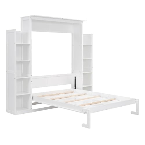 Queen Size Foldable Wood Wall Bed Frame with Shelves and LED Lights R5844