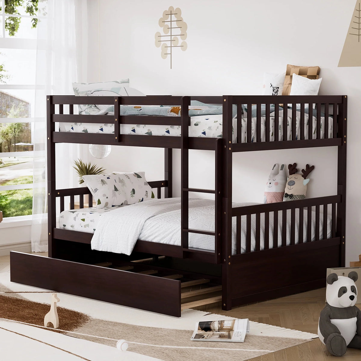 Wood Full over Full Bunk Bed with Trundle and Ladder N783