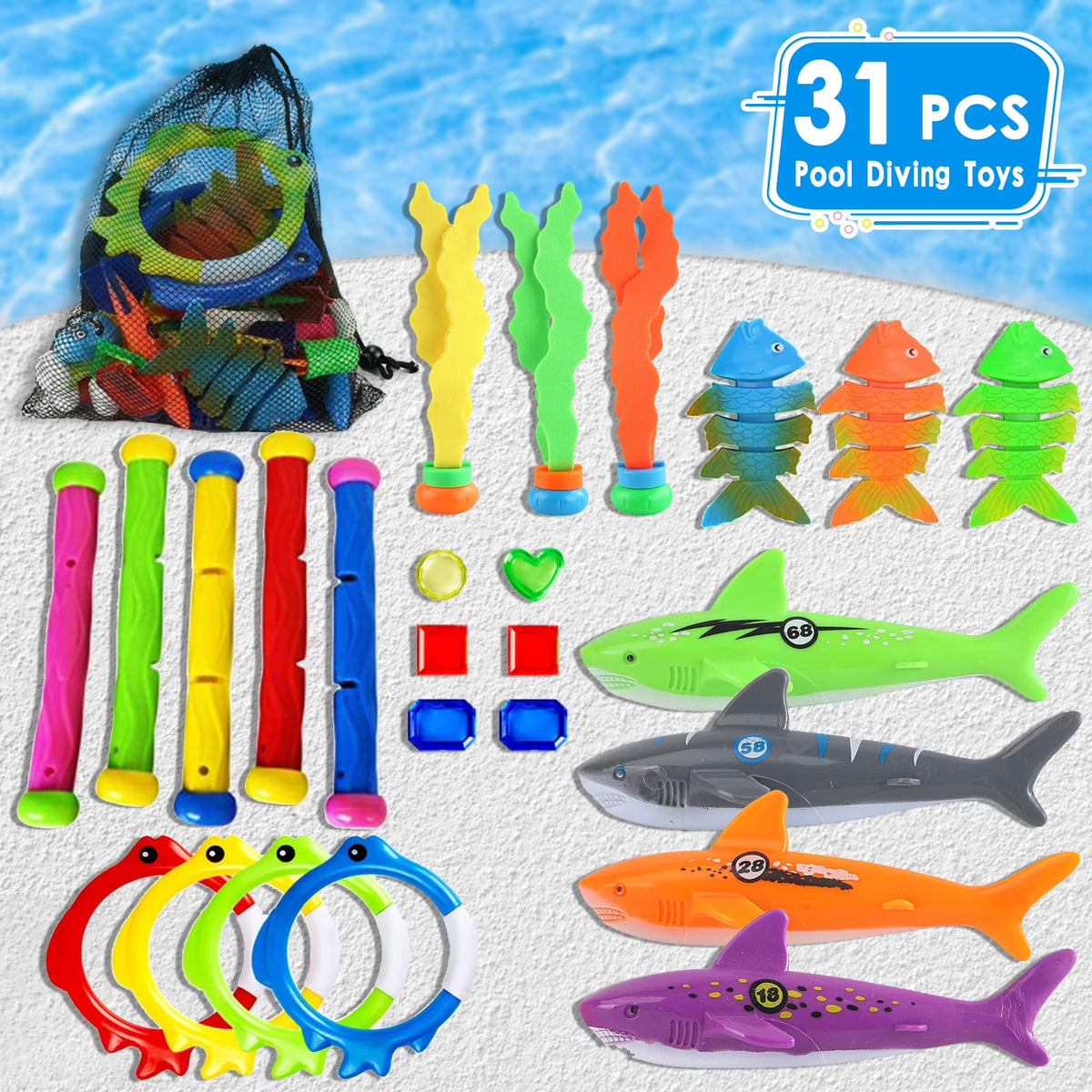 31 Pcs Pool Diving Toys with Storage Bag D430
