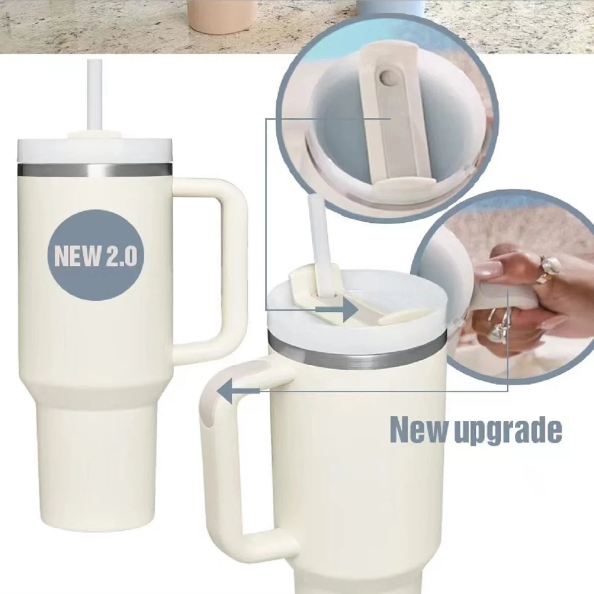 40 oz Stainless Steel Flat Bottom Mug with Handle & Straw Lid I5692