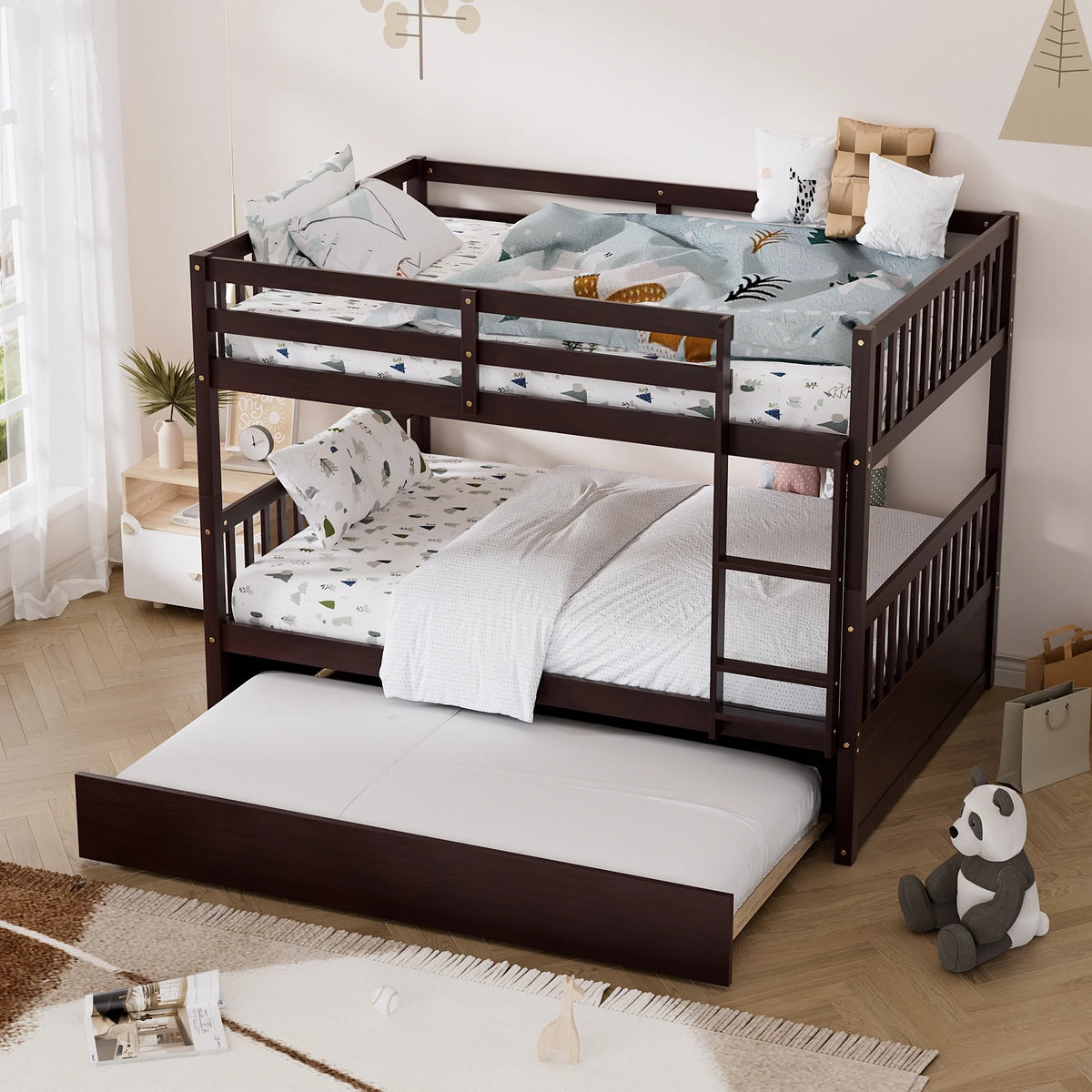 Wood Full over Full Bunk Bed with Trundle and Ladder N783