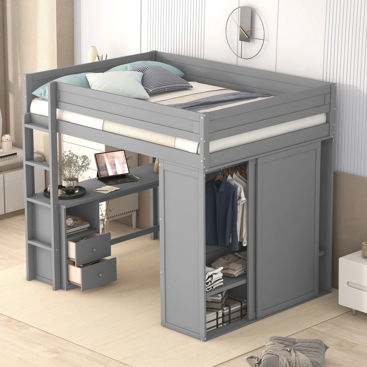 Wood Full Size Loft Bed with Storage Desk, Drawers and Wardrobe T458