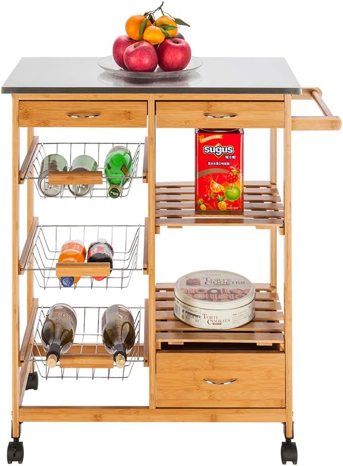 Rolling Wood Kitchen Cart with 2 Drawers and 2 Shelves U2375