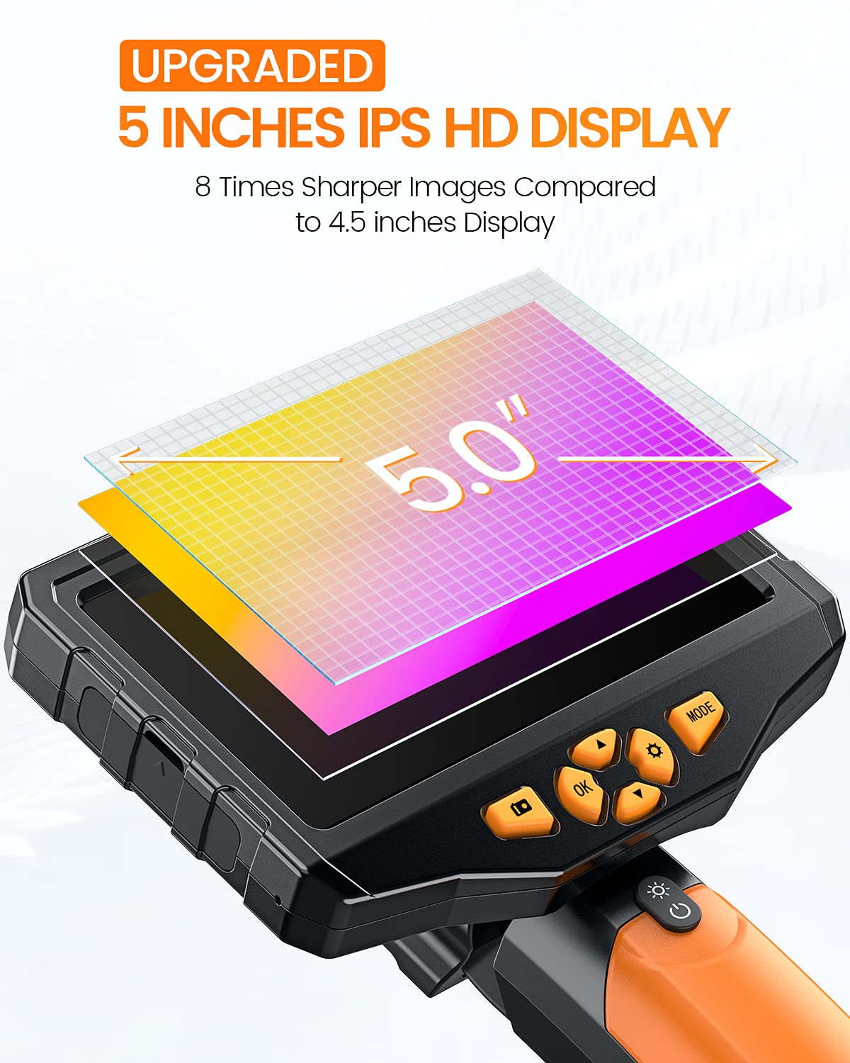 Dual Lens Inspection Camera with Light, 5 IPS Screen, 16.4ft Flexible Probe, 1080p R605
