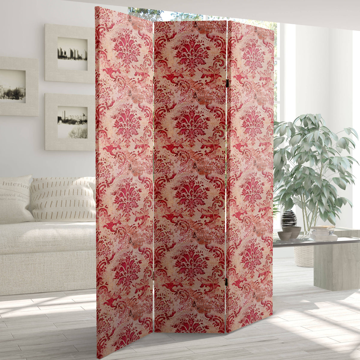 6 ft. Tall Aged Damask Canvas Room Divider W620