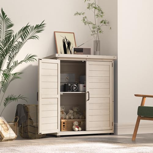 Beige Outdoor Storage Cabinet with Waterproof Metal Tabletop and Removable Shelves C55815