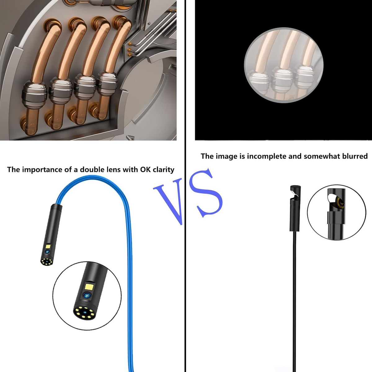 Dual Lens Video Endoscope Camera with Lights, 1080P Borescope Inspection Camera, 8 mm IP67 Waterproof, 9 LED Lights, 16.5FT Semi-Rigid Cable, 32GB Card K1302