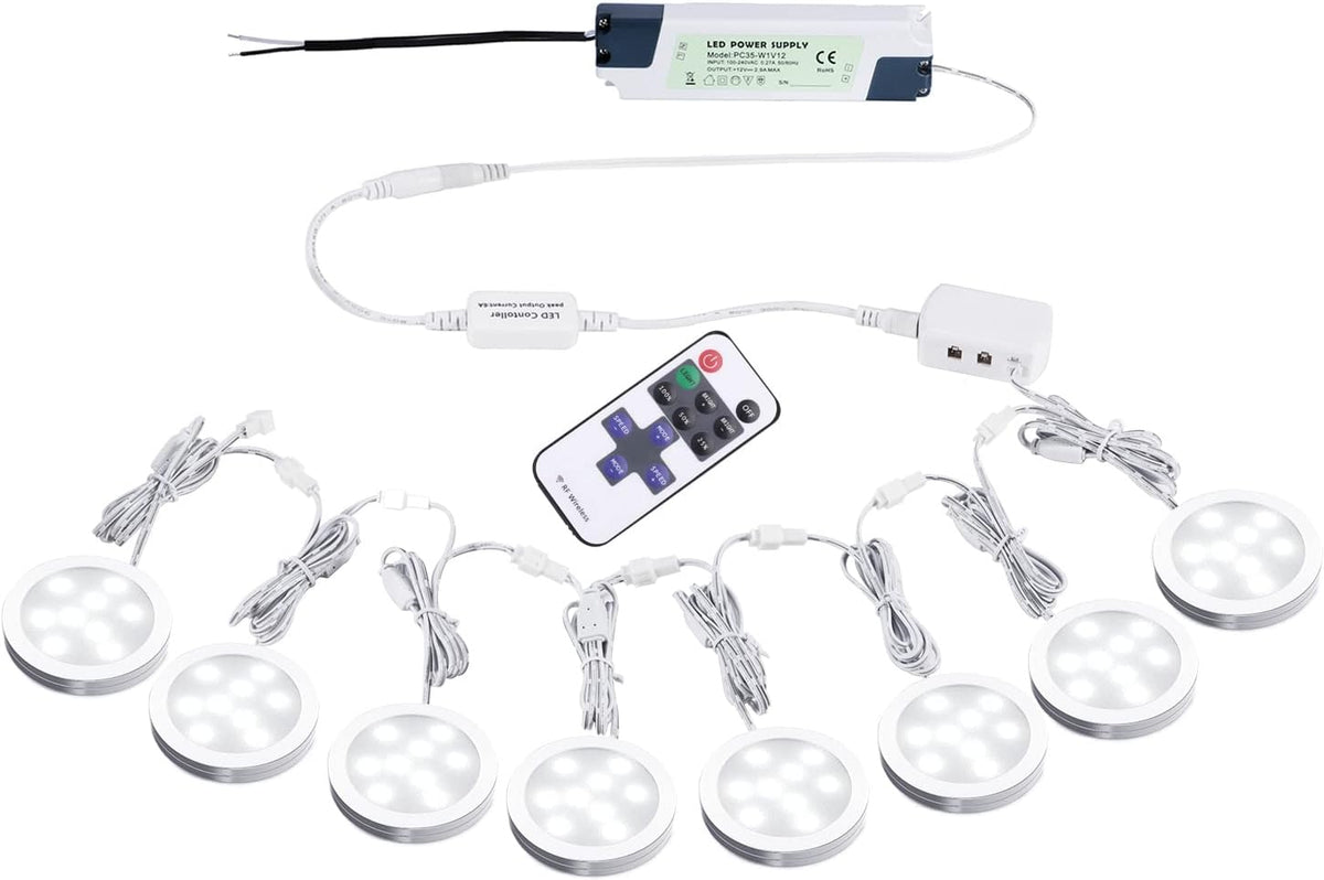 Under Cabinet LED Puck Lights with Wireless RF Remote Control, 8 Lights, Warm White, Pack of 2 W6077