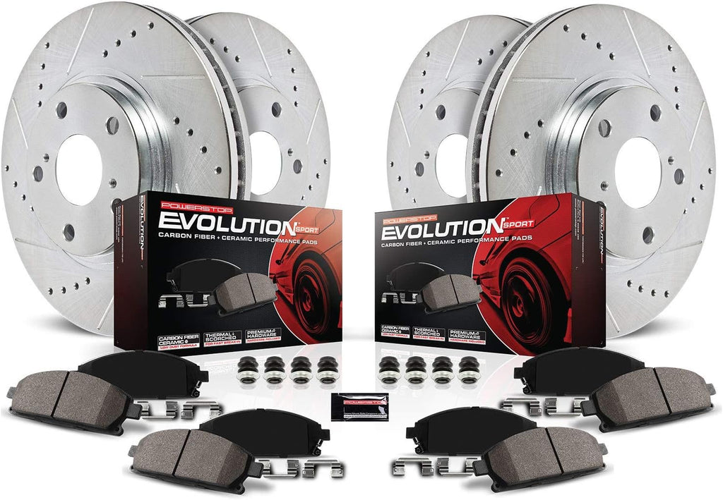 Front and Rear Carbon Fiber Brake Pads with Drilled & Slotted Brake Rotors Kit P64182