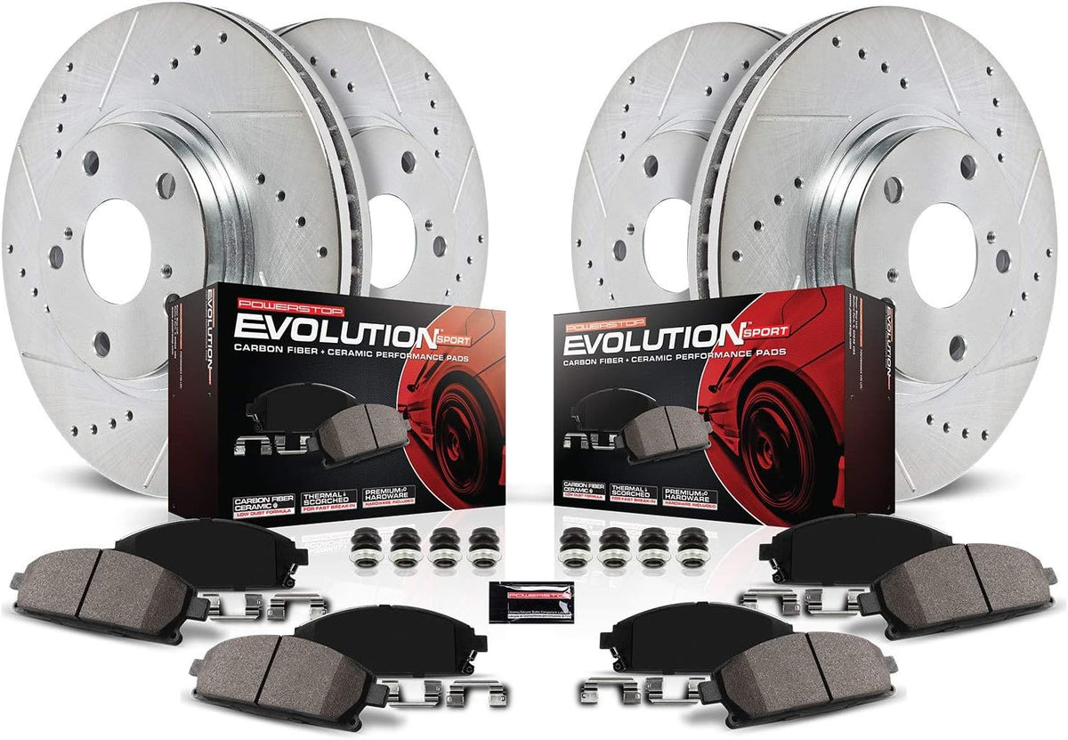 Front and Rear Carbon Fiber Brake Pads with Drilled & Slotted Brake Rotors Kit P64182