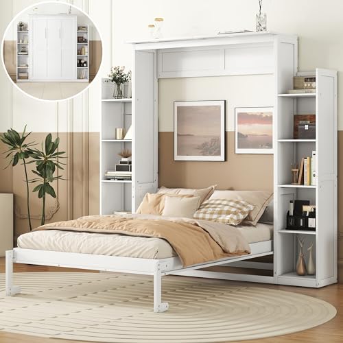 Queen Size Foldable Wood Wall Bed Frame with Shelves and LED Lights R5844