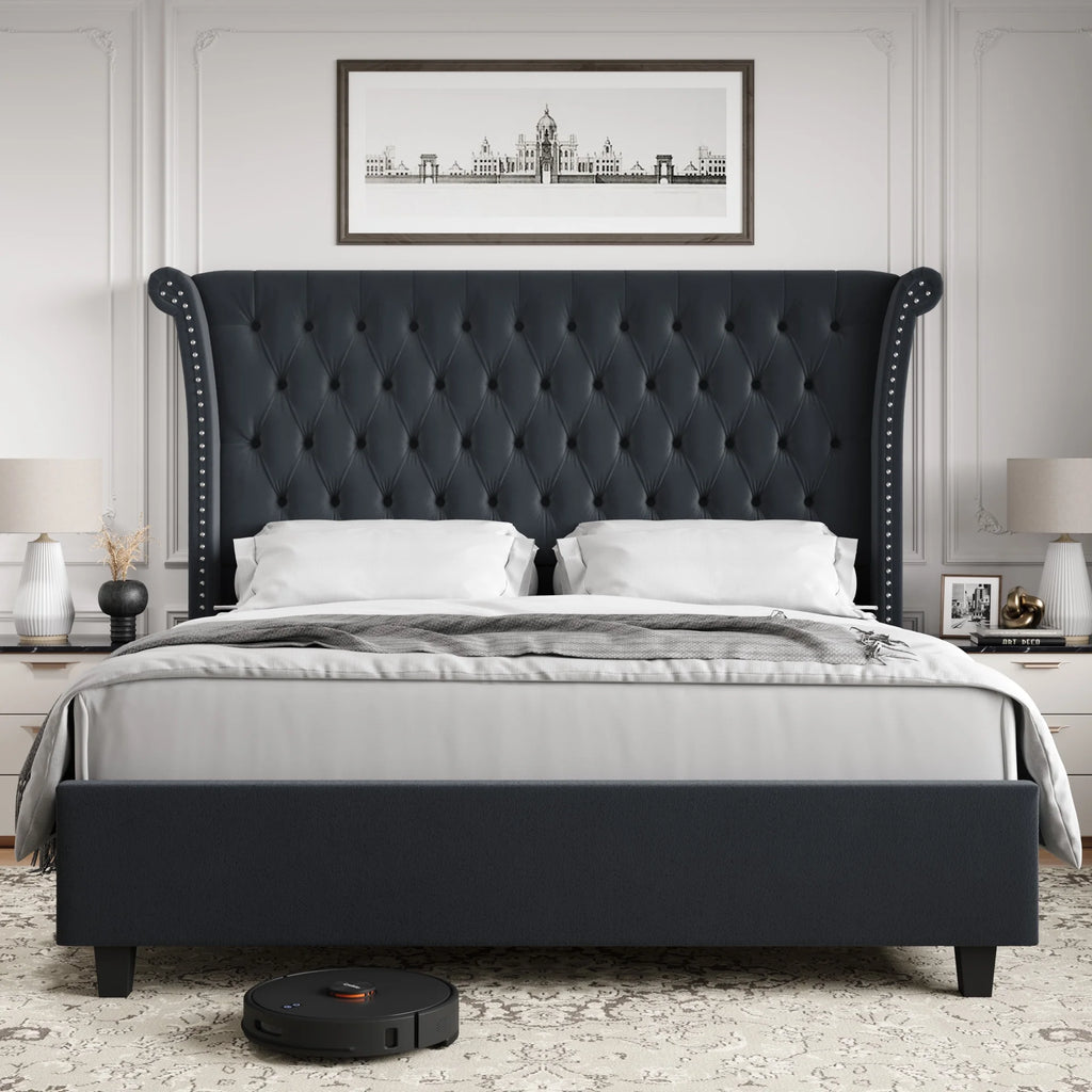 King Size White Velvet Tufted Upholstered Platform Bed U6049