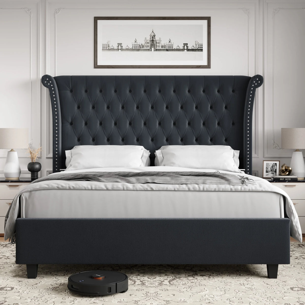 King Size White Velvet Tufted Upholstered Platform Bed U6049