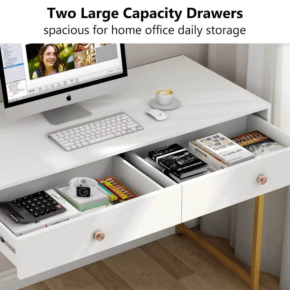 47 inch White and Gold Computer Desk with 2 Storage Drawers I972