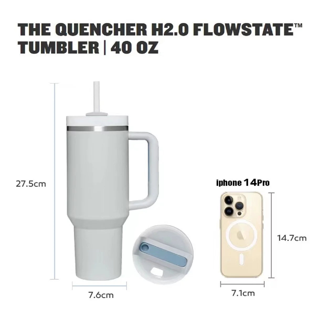 40 oz Stainless Steel Flat Bottom Mug with Handle & Straw Lid I5692