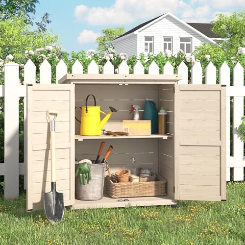 Beige Outdoor Storage Cabinet with Waterproof Metal Tabletop and Removable Shelves C55815