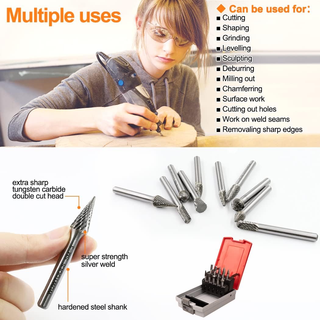 Carbide Cutting Rotary Burrs Set 10PCS, 1/4 Shank Double Cut Die Grinder Bit Tungsten Steel Solid Tool X943645