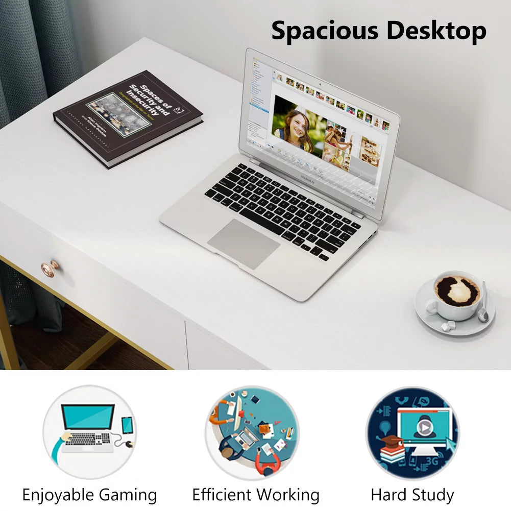 47 inch White and Gold Computer Desk with 2 Storage Drawers I972