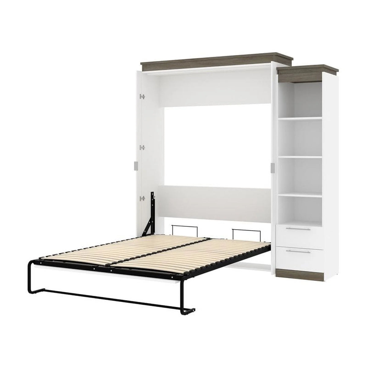 White Queen Murphy Bed and Shelving with Drawers R211