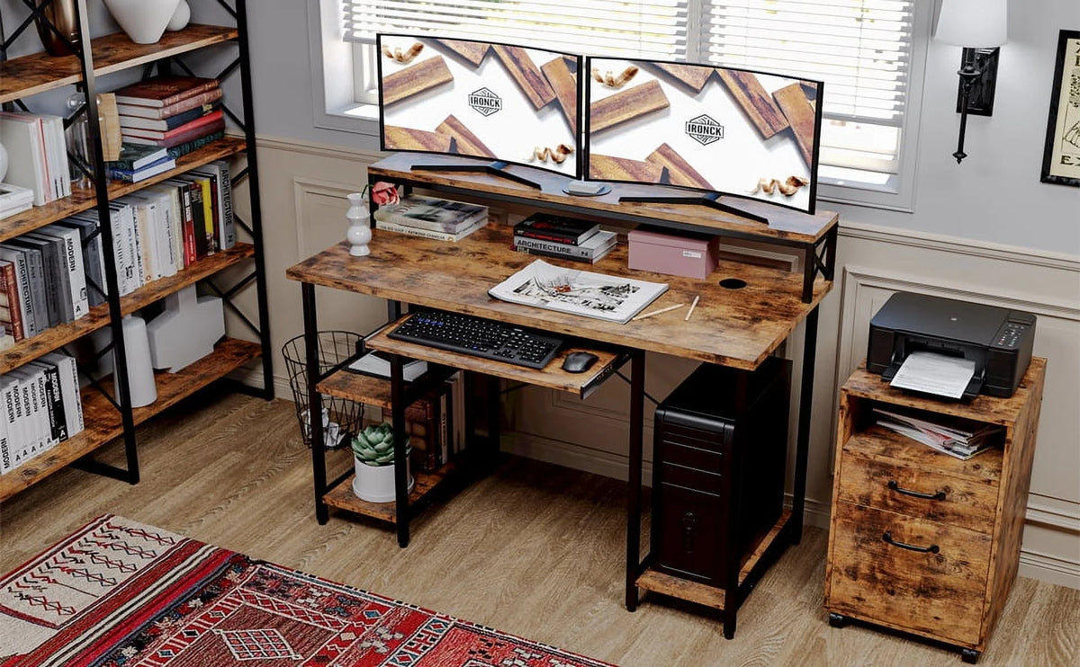 55" Vintage Brown Computer Desk with Storage Shelves Q574
