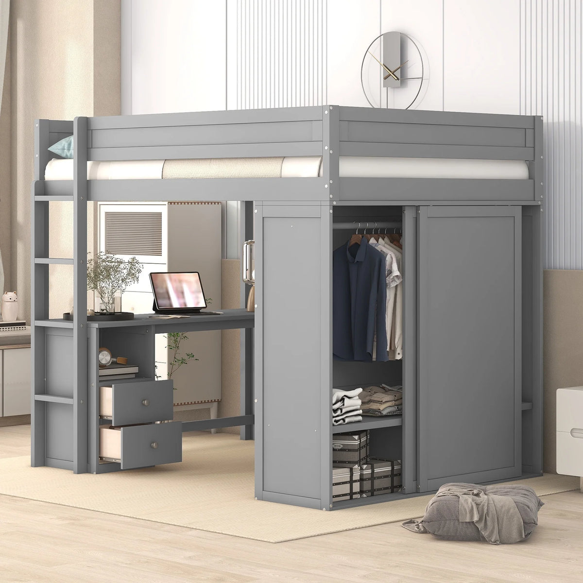 Wood Full Size Loft Bed with Storage Desk, Drawers and Wardrobe T458