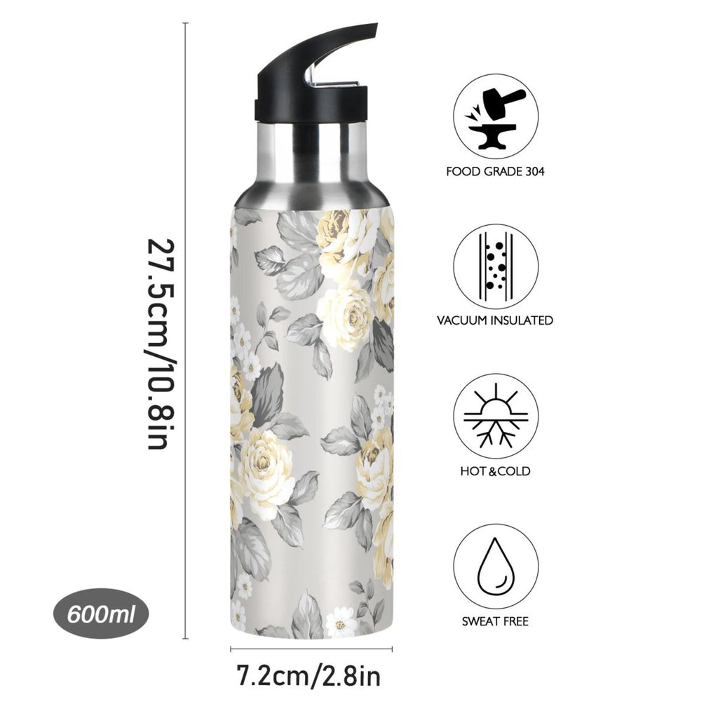 Yellow Flowers on Grey Stainless Steel Insulated Water Bottle with Straw Lid R2011