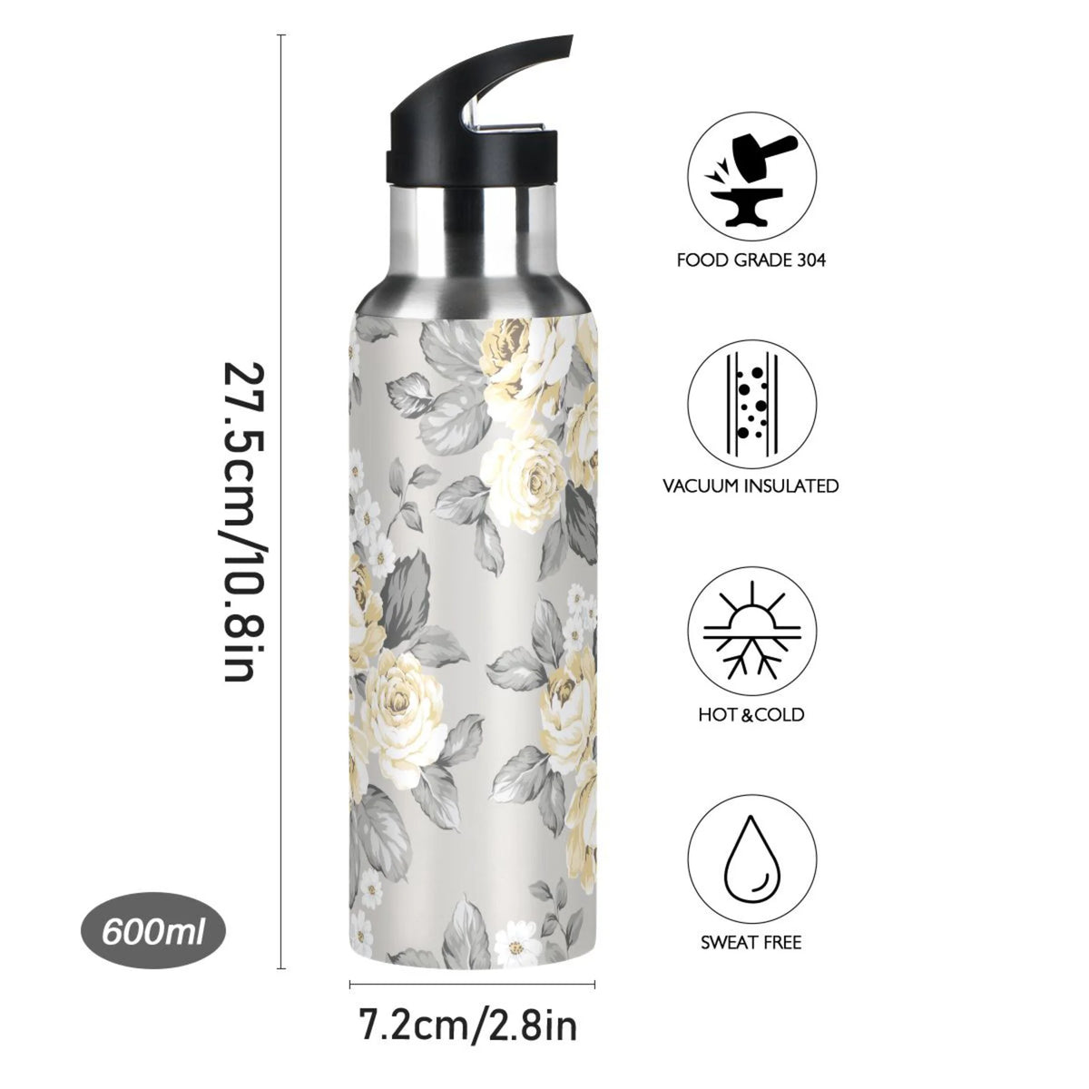 Yellow Flowers on Grey Stainless Steel Insulated Water Bottle with Straw Lid R2011