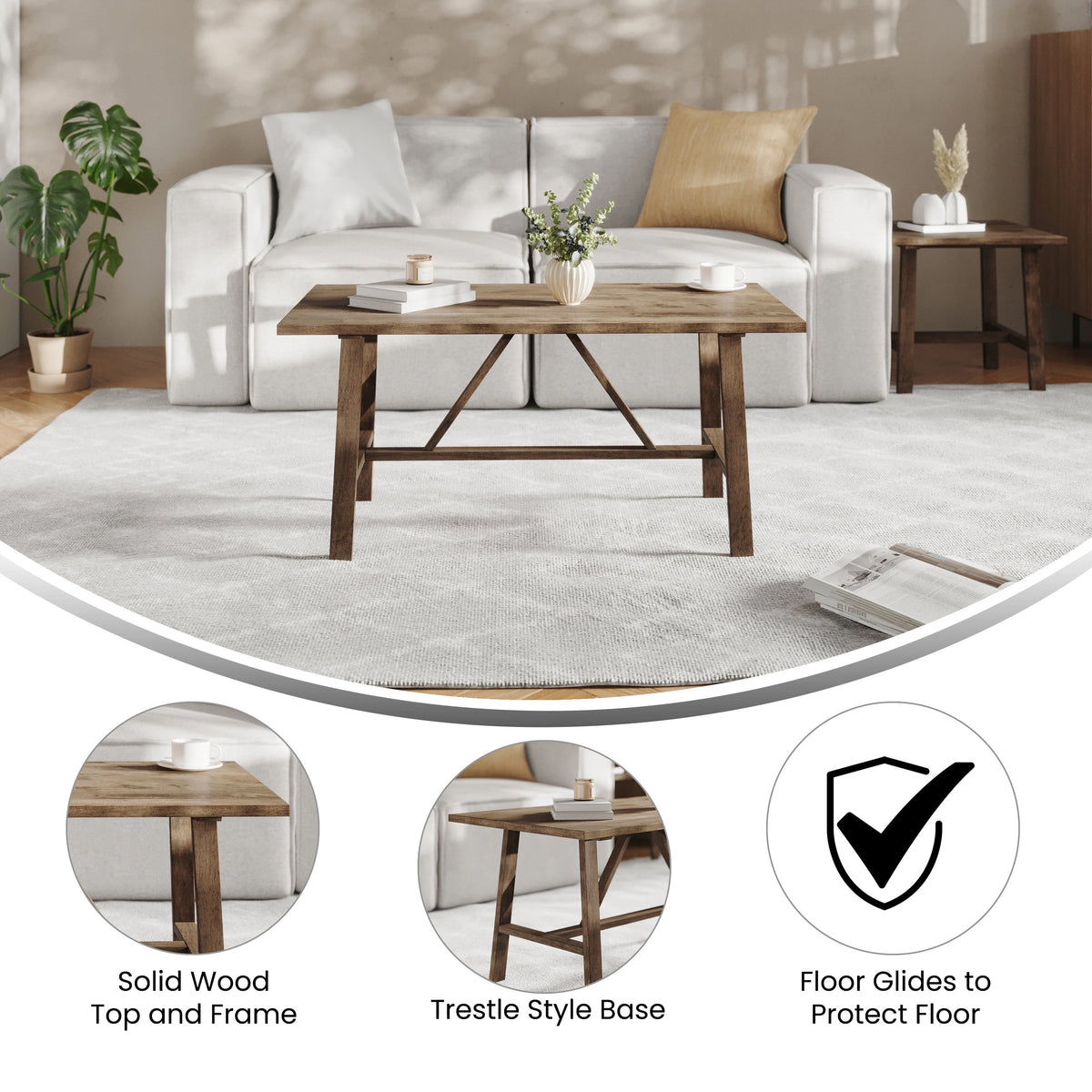 Solid Wood Trestle Coffee Table in Rustic Brown T9133