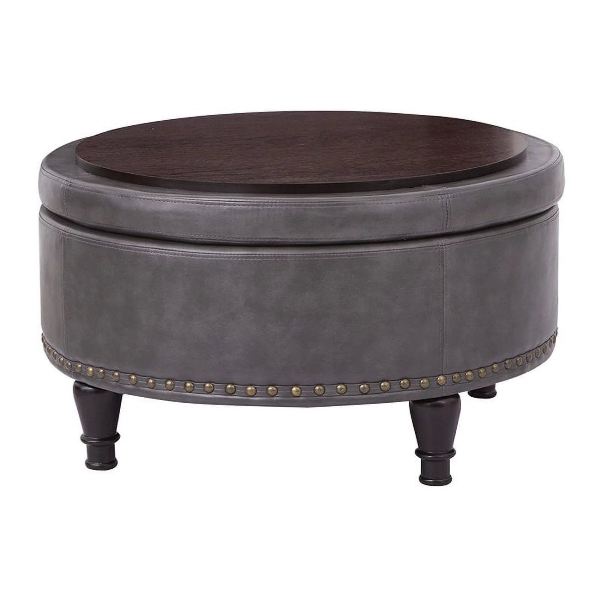 Pewter Bonded Leather Round Storage Ottoman E91180
