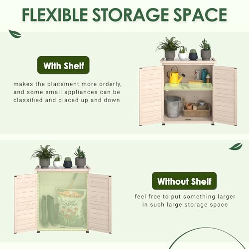 Beige Outdoor Storage Cabinet with Waterproof Metal Tabletop and Removable Shelves C55815