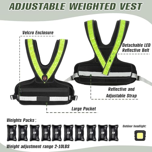 Weighted Vest with LED Reflective Belt and Outdoor Headlight, 2-10 lbs T76960