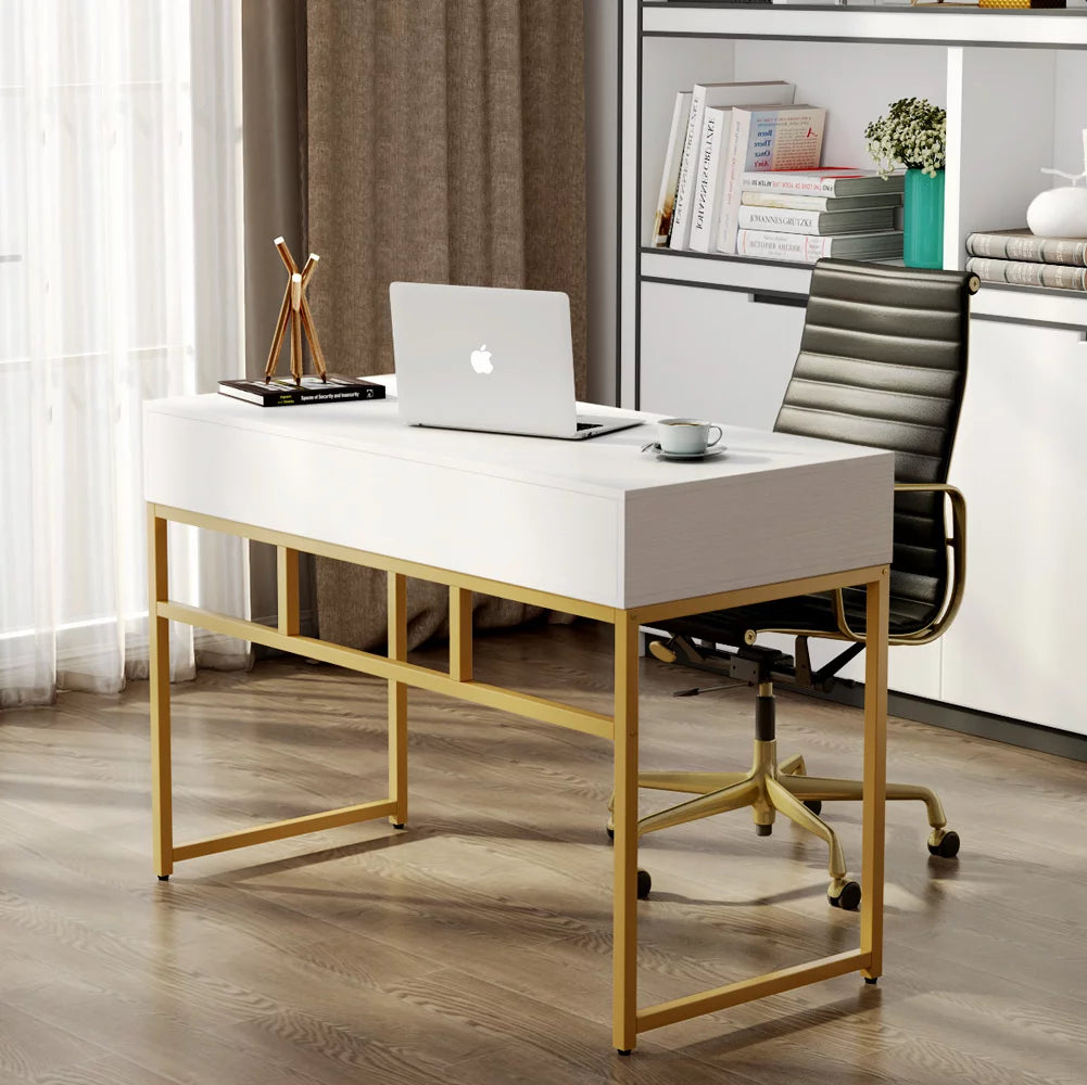 47 inch White and Gold Computer Desk with 2 Storage Drawers I972