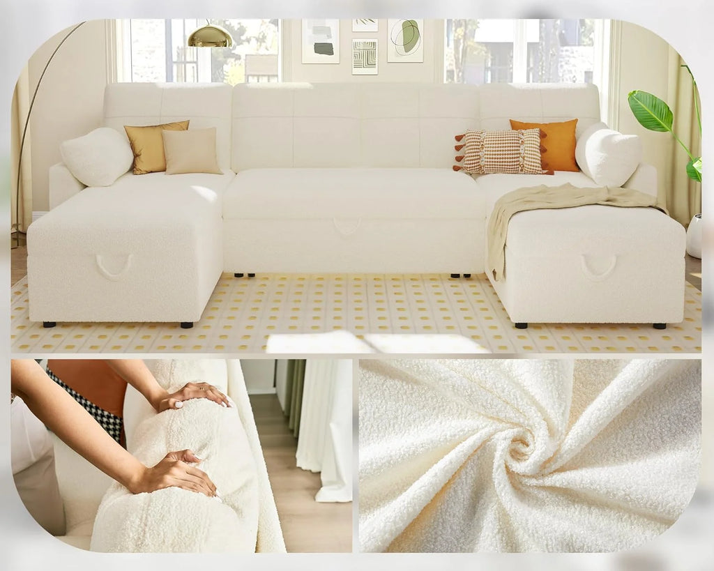 White Boucle Sleeper Sofa with 2 Storage Chaise H747679