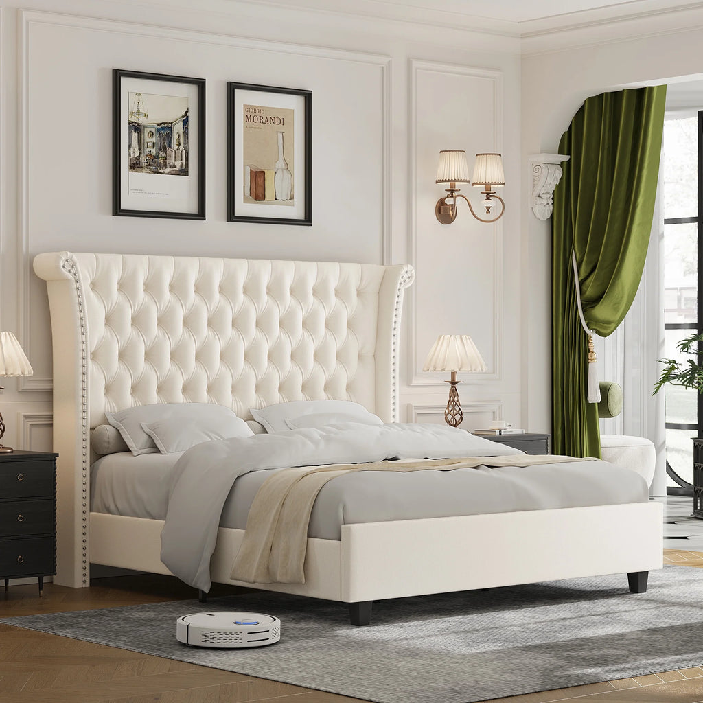King Size White Velvet Tufted Upholstered Platform Bed U6049