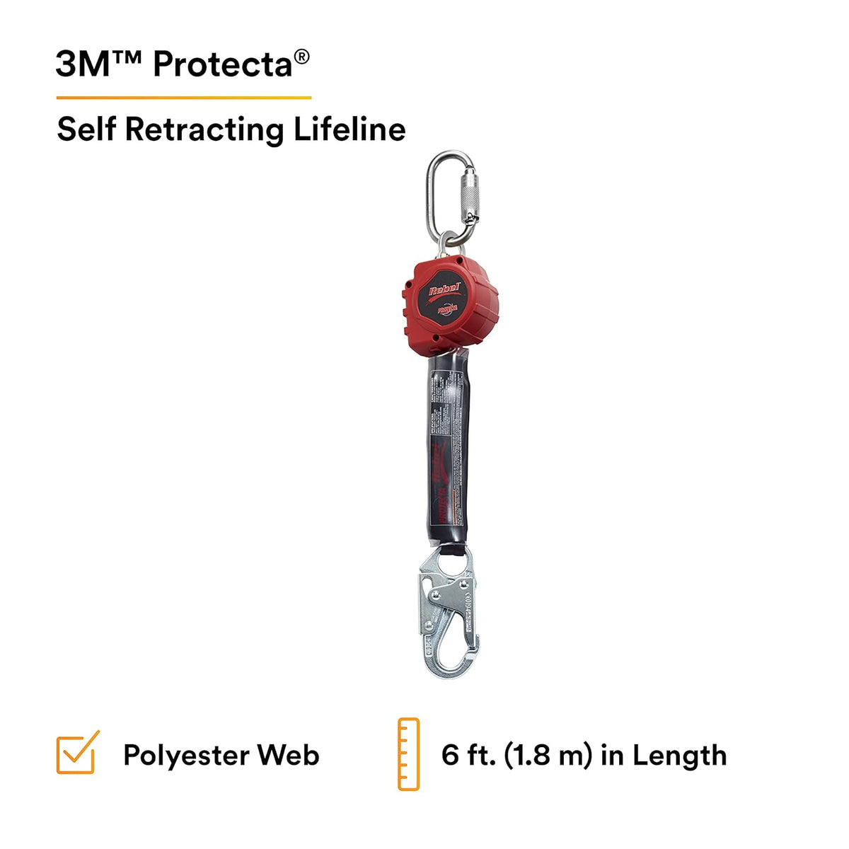 Self Retracting Lifeline Web, Steel Snap Hook and Carabiner, Black/Red J83045