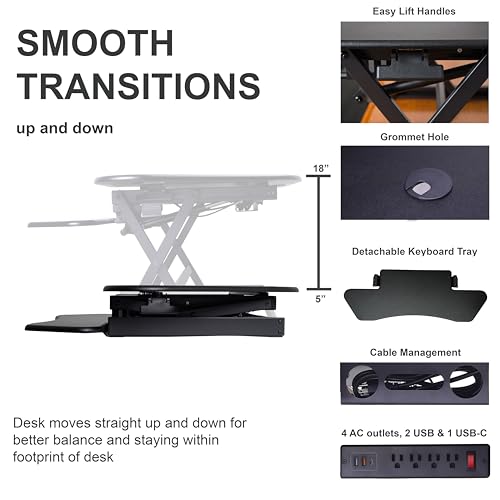 46" Height Adjustable Corner Standing Desk Converter with AC Outlet USB Charger and Dual Monitor Arm Mount Black B352