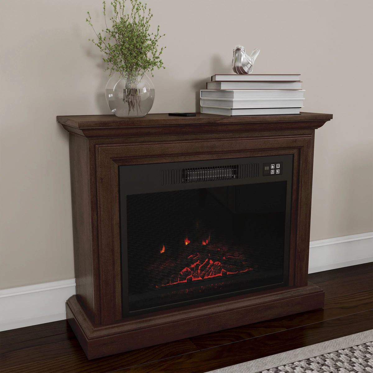 Brown Mobile Electric Fireplace with Mantel and Remote Control T938295