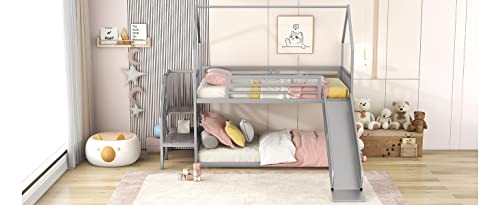 Twin Over Twin Metal Bunk Bed with Slide and Storage Staircase G330