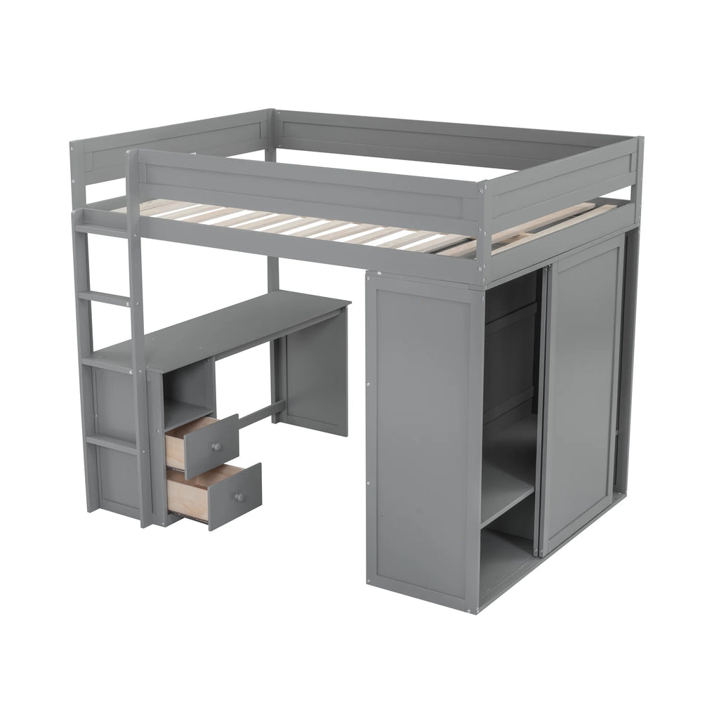Wood Full Size Loft Bed with Storage Desk, Drawers and Wardrobe T458