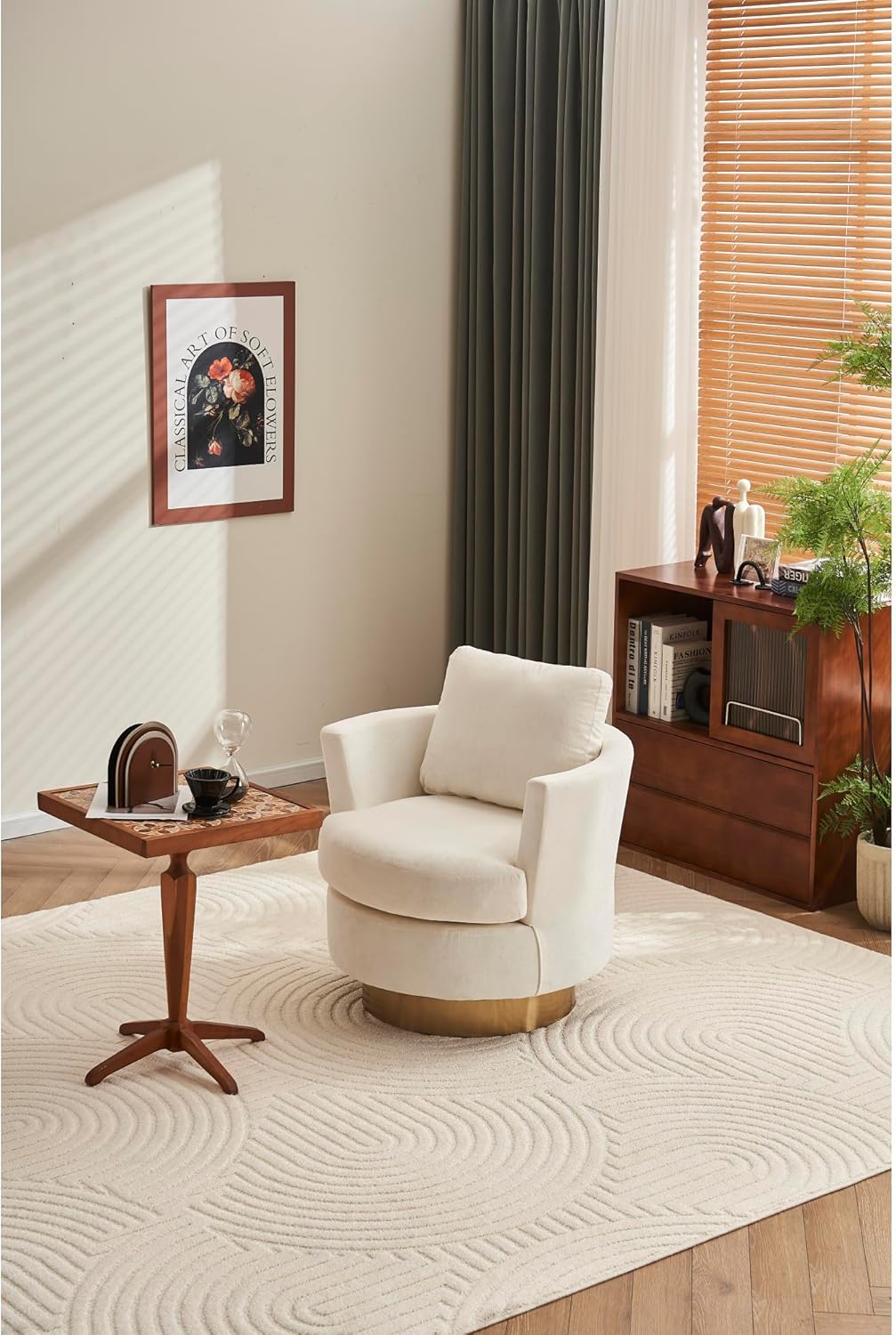 Beige Velvet Swivel Barrel Chair with Gold Stainless Steel Base T7231